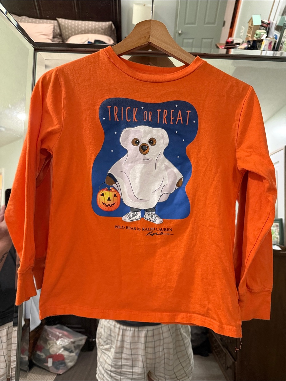 Ralph Lauren - Kids "Trick or Treat" Polo Bear Long-Sleeve Tee - Orange